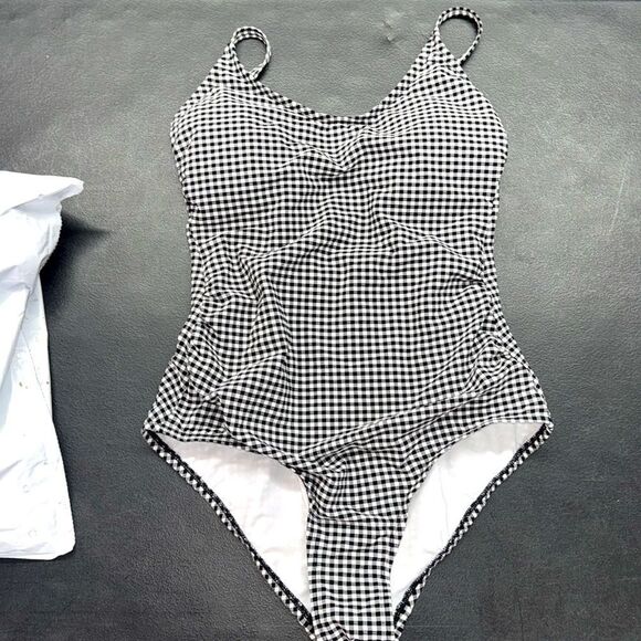Kona Sol One Piece Black and White Gingham Swimsuit with ruching on the sides-M - Picture 2 of 16
